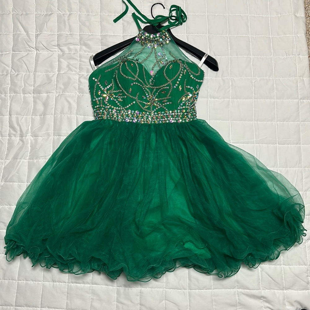 Short Green Beaded Tulle Halter Dress